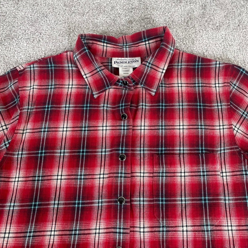 Pendleton Flannel‎ Shirt Womens Medium Pearl Snap Plaid Western Cotton Red